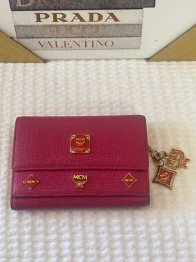 MCM Pink Leather Double Flap Bifold Wallet with Two Charm Accents